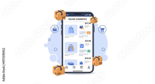 A vector illustration depicts a smartphone showcasing an online shopping marketplace interface with product listings and prices, surrounded by floating delivery boxes against a clean white
