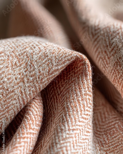 Close-up macro view of textured rust orange and white woven fabric with herringbone pattern in soft natural light showing intricate weave detail and gentle folds
