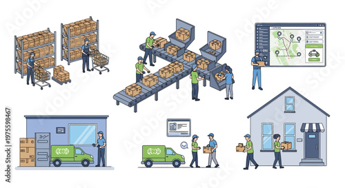 Isometric illustration showing the online shopping delivery ecosystem, with workers loading packages onto conveyor belts and delivery vans, tracking locations on a digital interface