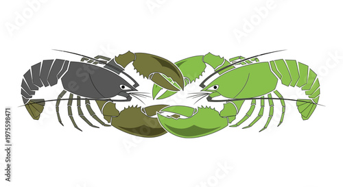Two cartoon-style lobsters, one grey and one green, facing each other in a symmetrical, mirrored confrontation on a white background.