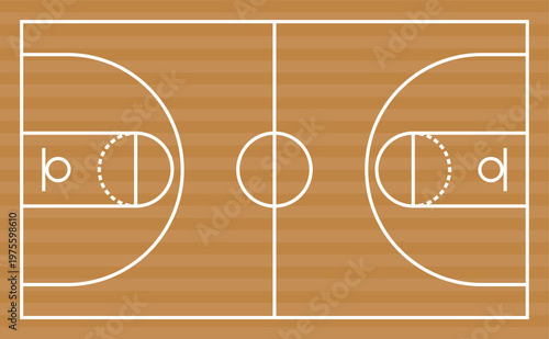木目調バスケットボールコートの俯瞰イラスト（フローリング・リアル・体育館・本格的）