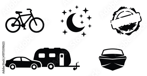 Collection of outdoor lifestyle and travel adventure icons featuring bicycle, moon stars, caravan, boat, and distressed badge for recreational marketing and vacation planning