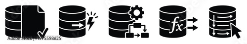 Comprehensive database icon set depicting essential data operations including secure storage, rapid access, structured processing, function application, and interactive management for tech