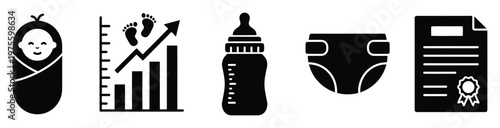 Essential newborn baby and childcare icons featuring a swaddled infant, birth rate statistics graph, feeding bottle, diaper, and birth certificate, ideal for maternity, parenting, and