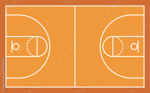 バスケットボールコートのカラー平面図（俯瞰・オレンジ・スポーツ・競技場）