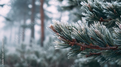 Close up of frost covered pine needles on a branch with a blurred background of a winter forest on a cold foggy day