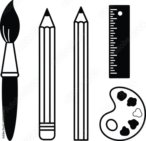 Art Supplies Icon Set: Paintbrush, Pencils, Ruler, and Palette