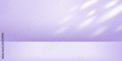 Empty studio background with soft purple wall and elegant light for product display. Minimal aesthetic with gentle shadow and sunlight streaming through window. Backdrop for cosmetic presentation.
