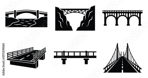 Diverse collection of bridge icons illustrating various architectural structures including arch, truss, beam, and cablestayed designs, perfect for urban planning, infrastructure schematics,