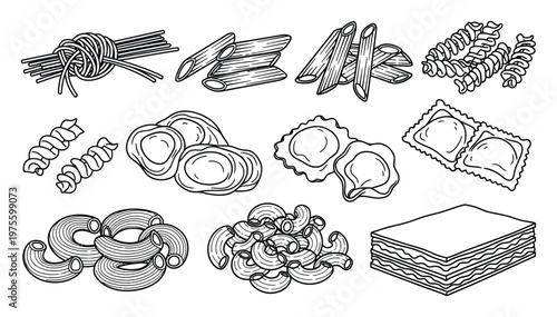 Black and white line drawing of various traditional Italian pasta shapes including spaghetti, penne, fusilli, ravioli, macaroni, and lasagna for culinary and foodrelated projects