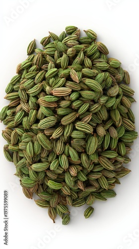 Close up overhead view of a pile of green and brown speckled seed pods scattered on a white background, highlighting natural textures and organic shapes in a detailed macro shot with soft studio