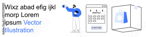 E-commerce, subscription, customer engagement, digital marketing, online shopping, payment system. Man interacting with a calendar showing monthly subscription. E-commerce and subscription