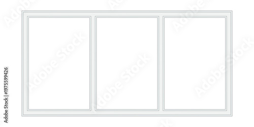 Rectangular metallic glass window three panel frame mockup with empty triptych molding modern baseboard transparent background for interior exterior design blank isolated