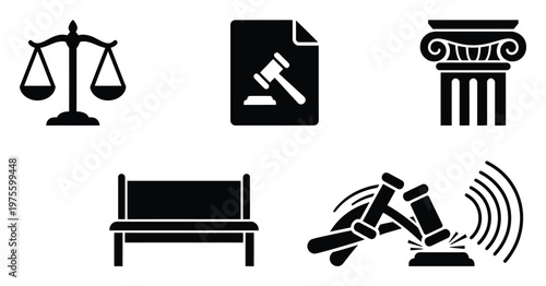 Professional collection of legal themed icons including scales of justice, gavel, courtroom bench, document, and classical column for legal presentations and educational materials