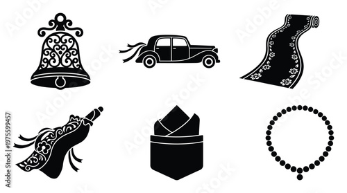 Various formal celebration symbols like a decorative bell, classic car with ribbons, floral aisle runner, elegant bouquet, folded pocket square, and beaded necklace for wedding invitations