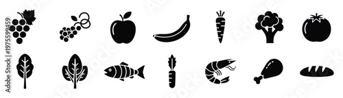 Comprehensive set of healthy eating icons featuring various fruits, vegetables, proteins, and grains for grocery applications, diet plans, or culinary websites.