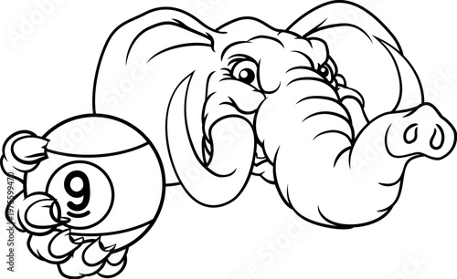 Elephant nine ball pool billiards sports mascot holding a 9 ball cartoon illustration