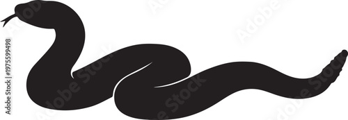 Black silhouette of a horse and vector illustration of a black swan with a cute cartoon snake character as a green cobra reptile design symbol for wildlife nature art