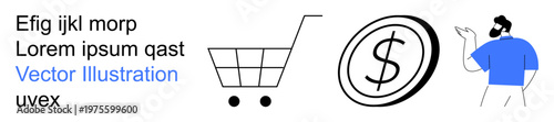 E-commerce, online shopping, finance, digital payments, business marketing, retail concepts. Shopping cart, dollar sign and person gesturing. E-commerce and online shopping concept