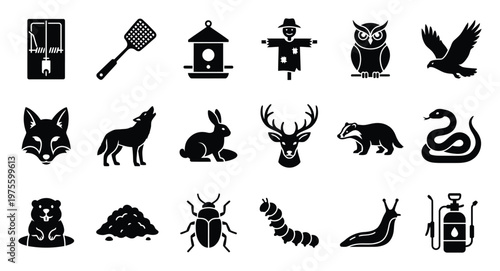 Essential symbols for nature, wildlife, and pest control, depicting various animals, common garden pests, and tools, ideal for environmental, outdoor, and agricultural project applications.