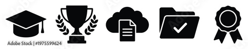 Vector icons representing academic success, award achievement, cloud data management, verified folder status, and quality certification for professional and educational applications.