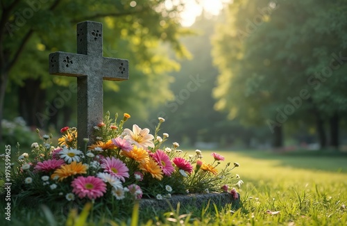 Stone cross with flowers in graveyard. Green trees and grass surround headstone. Sunlight shines on memorial site. Peaceful cemetery setting. End of life concept.