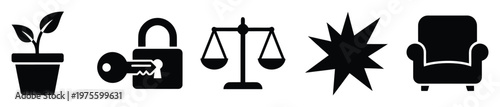 Collection of diverse black silhouette icons representing concepts like nature growth, digital security, balanced justice, energetic burst, and home comfort for web graphics and modern user