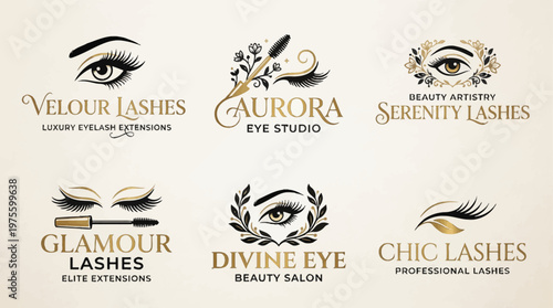 Luxury Eyelash Extension Logo Design Collection in Gold and Black for Beauty Branding