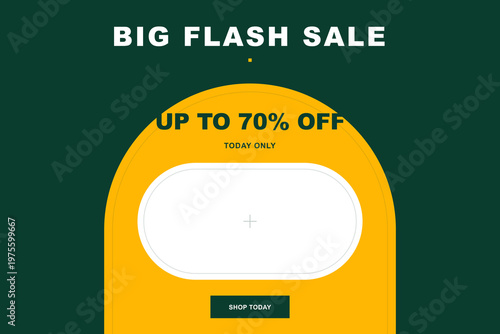 Big flash sale promotional banner design featuring seventy percent off discount text and blank product placeholder frame on a bold dark green and yellow background