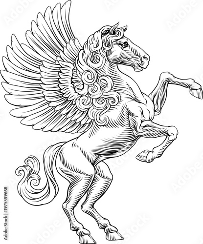 A heraldry coat of arms crest style rearing heraldic Pegasus standing on hind legs in a vintage style