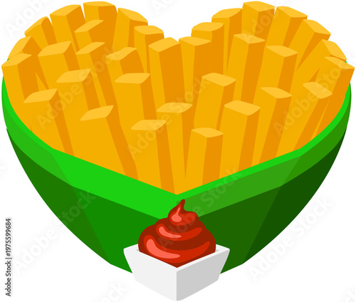 Love of French fries chips concept illustration. Heart shaped fries box with ketchup. Romantic fast food image for Valentine themes, menus, snack blogs, restaurant cafe poster artwork design branding