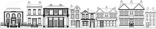 Black and white outline illustration of historic townhouse houses Victorian Georgian old buildings street facade. Architectural houses ideal for urban backgrounds, cityscape design.