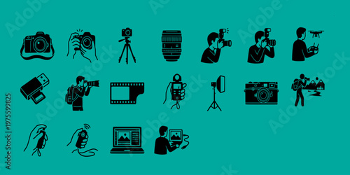 icon pack UI/UX of professional photography gear including dslr cameras, lenses, tripods, lighting studio equipment, drones, and digital editing hardware.