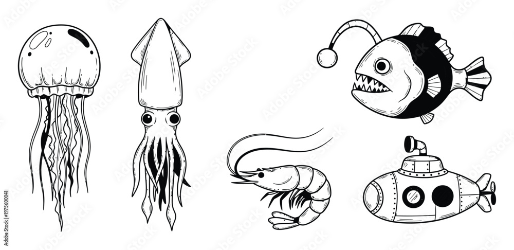 Obraz premium Assortment of oceanic animals including jellyfish squid anglerfish shrimp and submarine outlines perfect for educational aquatic themes and deep sea adventure projects