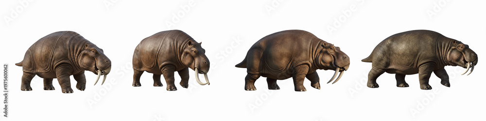 Fototapeta premium Set of prehistoric tusked mammals walking isolated on black background