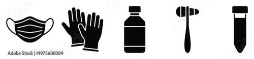 Essential medical and healthcare equipment icons including face mask gloves bottle reflex hammer and test tube for health protection and clinical examination concepts