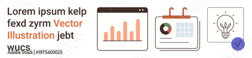 Data analysis, project management, workflow planning, business innovation, creative solutions, strategy design. Graphical chart, calendar with pie chart lightbulb icon. Data analysis and project