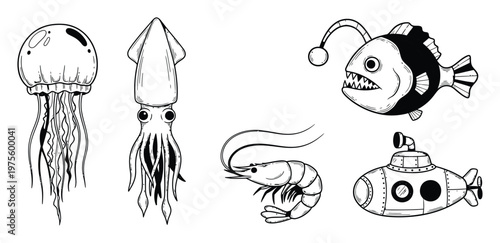Assortment of oceanic animals including jellyfish squid anglerfish shrimp and submarine outlines perfect for educational aquatic themes and deep sea adventure projects