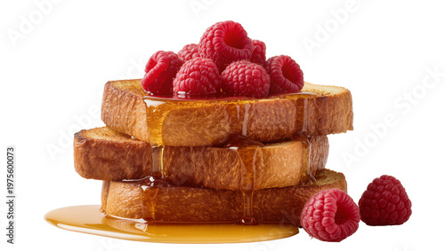 Stack of golden French toast slices with fresh raspberries and dripping syrup, isolated on transparent background