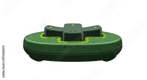 A green, disc-shaped object with a cross-shaped top, resembling a landmine or explosive device.