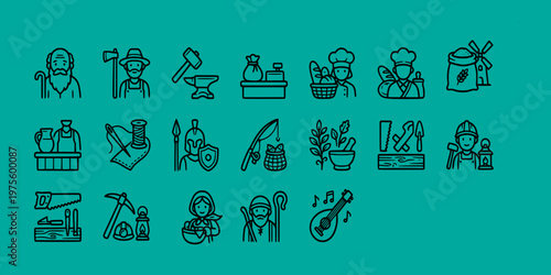 icon pack UI/UX of rural village professions and trades including farmers, blacksmiths, bakers, tailors, fishermen, miners, and traditional craft workers.