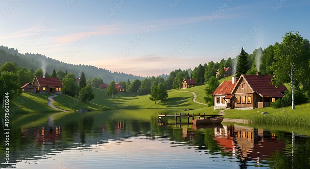 Fototapeta premium Scenic lakeside village with charming houses and lush greenery under a serene sky.