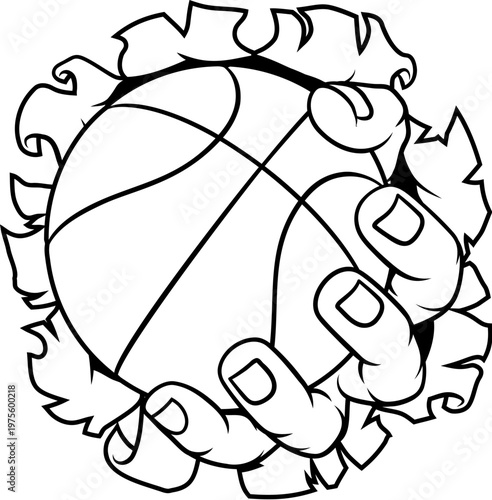 A strong hand holding a basketball ball tearing through the background. Sports graphic