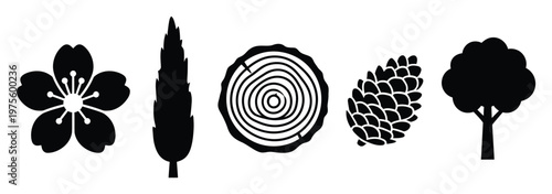 Versatile black and white nature icons collection featuring a cherry blossom, cypress, wood log, pine cone, and deciduous tree for environmental branding and graphic design projects