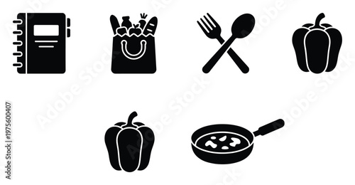 Kitchen and food preparation solid icons featuring a cookbook shopping bag fork spoon bell pepper and frying pan ideal for illustrating culinary themes and nutritional concepts