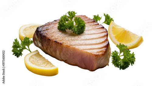 Grilled tuna steak with lemon slices and parsley, isolated on transparent background