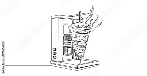 Continuous line drawing of a cooking vertical gyros or döner kebab machine with a large rotating skewer of sizzling meat perfect for food blogs restaurant menus and culinary advertising