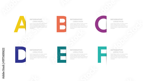 Clean 6 options infographic design using alphabet letters for data visualization.