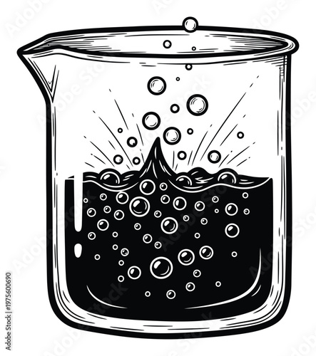 Dynamic scientific experiment in a laboratory beaker with bubbling liquid and an energetic splash, ideal for educational science resources and research presentations.