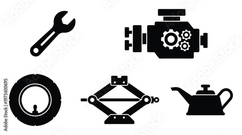 Automotive repair and service icons featuring a wrench, engine, tire, jack, and oil can offer essential visual tools for mechanics, car enthusiasts, and auto industry presentations.